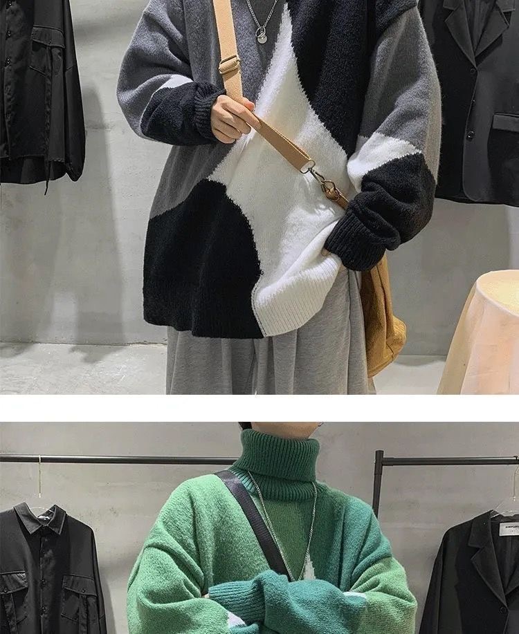 High-neck sweater for men, Hong Kong-style knitted sweater for both men and women, thick, trendy, loose and laid-back sweater for men in winter pic 14