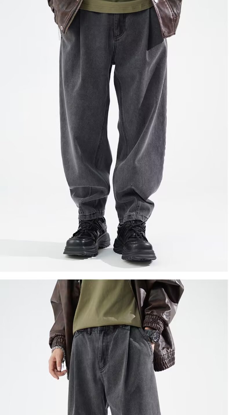 FUIV American-style jeans for men, washed and aged, high street straight, loose, trendy brand wide-leg long pants for men pic 4