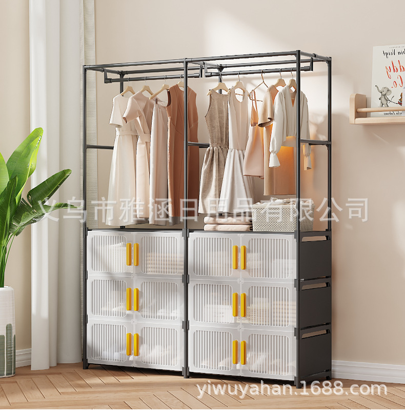 跨境多功能磁吸式双开门鞋柜防尘鞋架储物柜卧室置物挂衣架晾衣架详情14