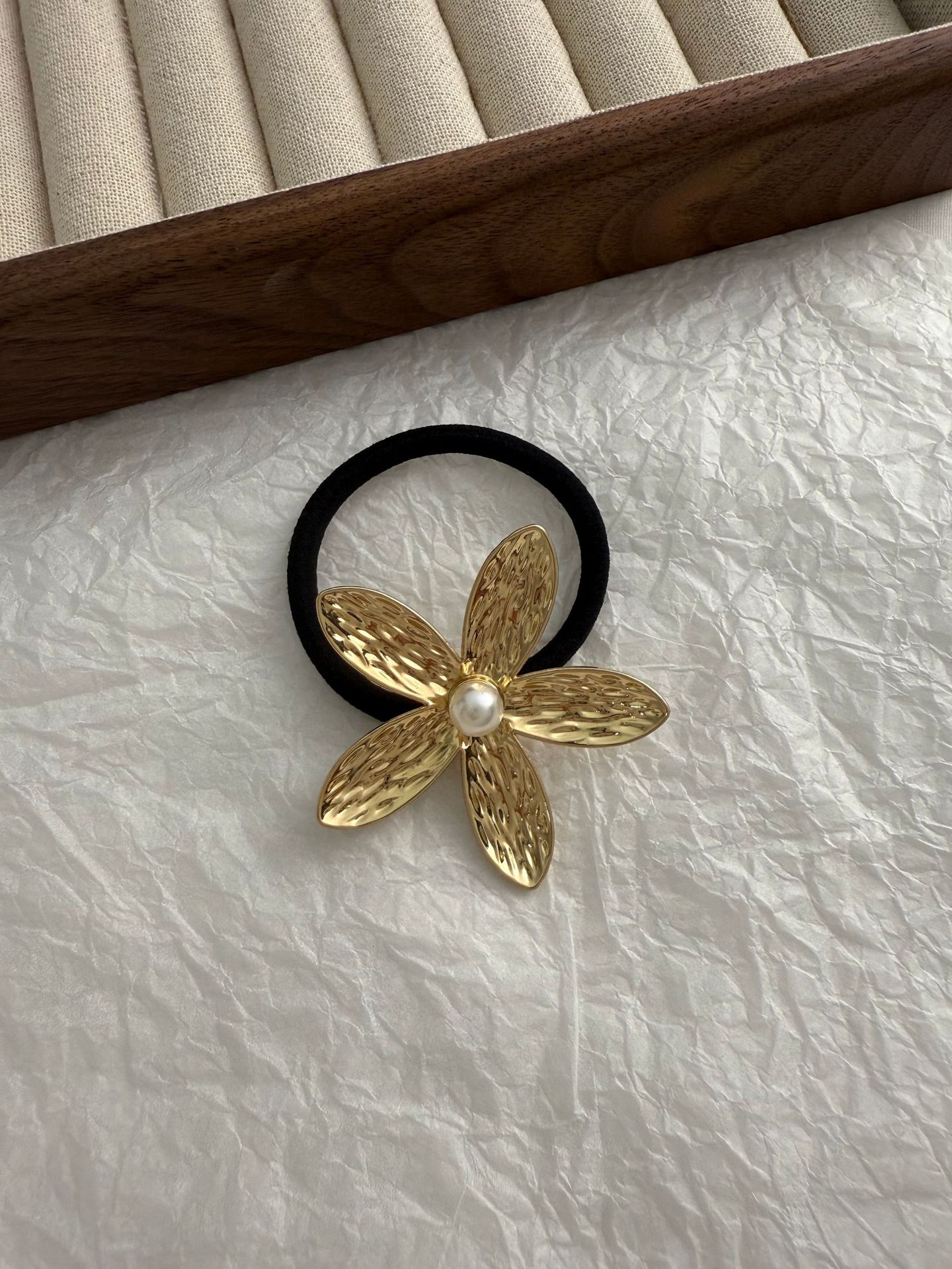 跨境个性百搭时尚金色花朵后脑勺盘发头饰树叶高弹力皮筋发绳头绳详情4