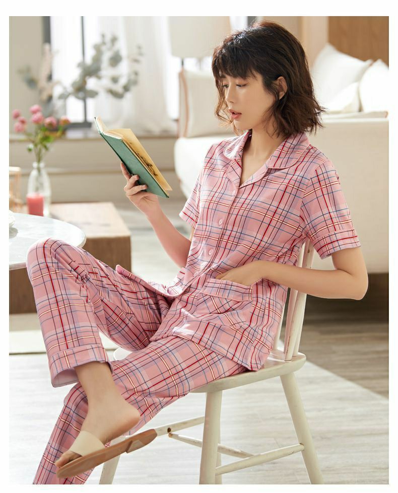 100%纯棉睡衣女夏季薄款短袖长裤大码家居服套装夏可外穿详情20