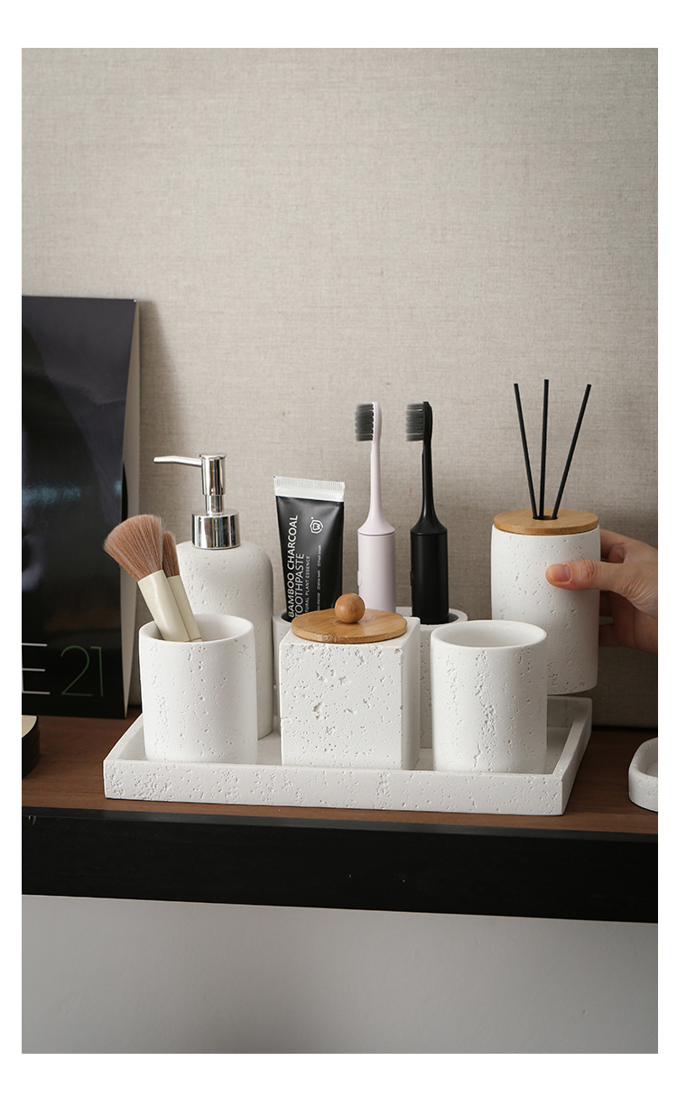 Wabi-sabi wind Tunnel Stone Storage seven-piece set: mouthwash cup, toothbrush holder, lotion bottle, perfume bottle, soap dish tray, washbasin pic 13