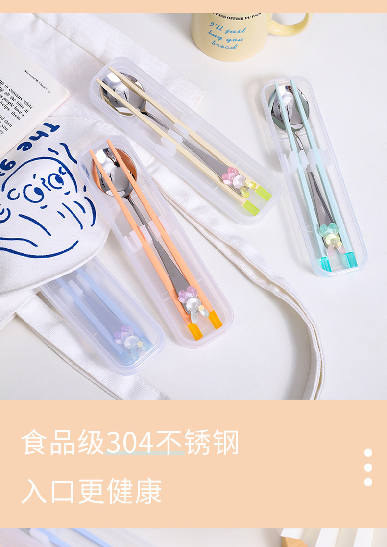 水晶兔熊猫餐具套装304不锈钢勺合金筷套装静音款便携餐具二件套详情7
