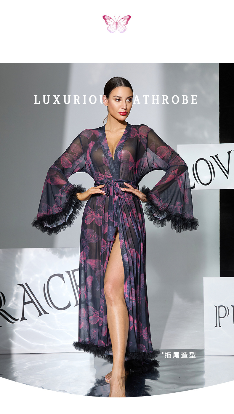 European and American large flared sleeve butterfly print mesh bathrobe, tie tassel, fringed high slit bathrobe, home wear 1119 pic 3
