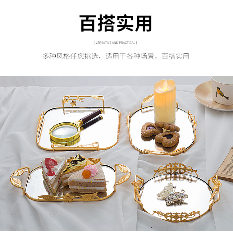 European-style light luxury oval-shaped pastry and fruit plate, metal ironwork mirror candy tray, photo display, jewelry storage pic 4