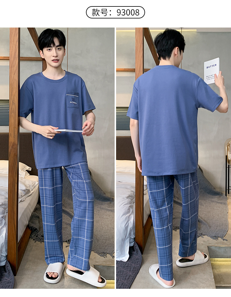 短袖长裤纯棉睡衣男士韩版宽松休闲简约夏天薄款中青年家居服套装详情17
