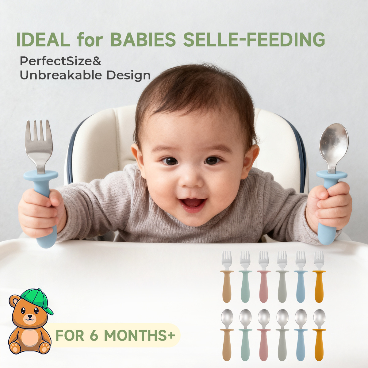 儿童餐具叉勺便携式304不锈钢创意圆柄宝宝吃饭训练喂养勺子叉子详情2