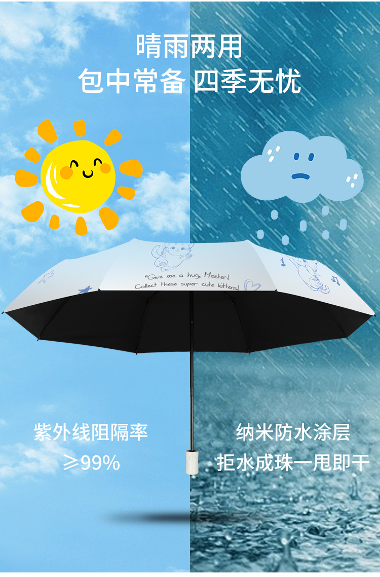 Original digital printing black vinyl automatic umbrella, three-fold sun protection and shade umbrella, new Japanese and Korean style fresh and light sun umbrella pic 2