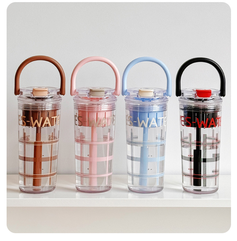 Checkered handle portable straw cup, summer TRitan water cup, high appearance level, heat-resistant plastic cup with scale pic 16