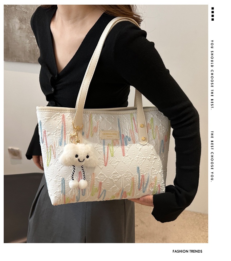 学生上课布袋包包女2024新款单肩腋下包条纹大容量通勤休闲托特包详情3