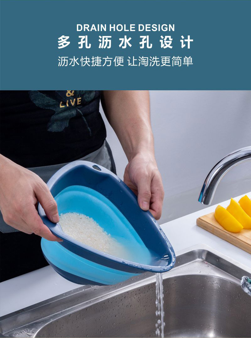 Wholesale of large-capacity telescopic rice washing sieve, kitchen plastic triangular vegetable washing basin, household hanging water draining basket with handle pic 4