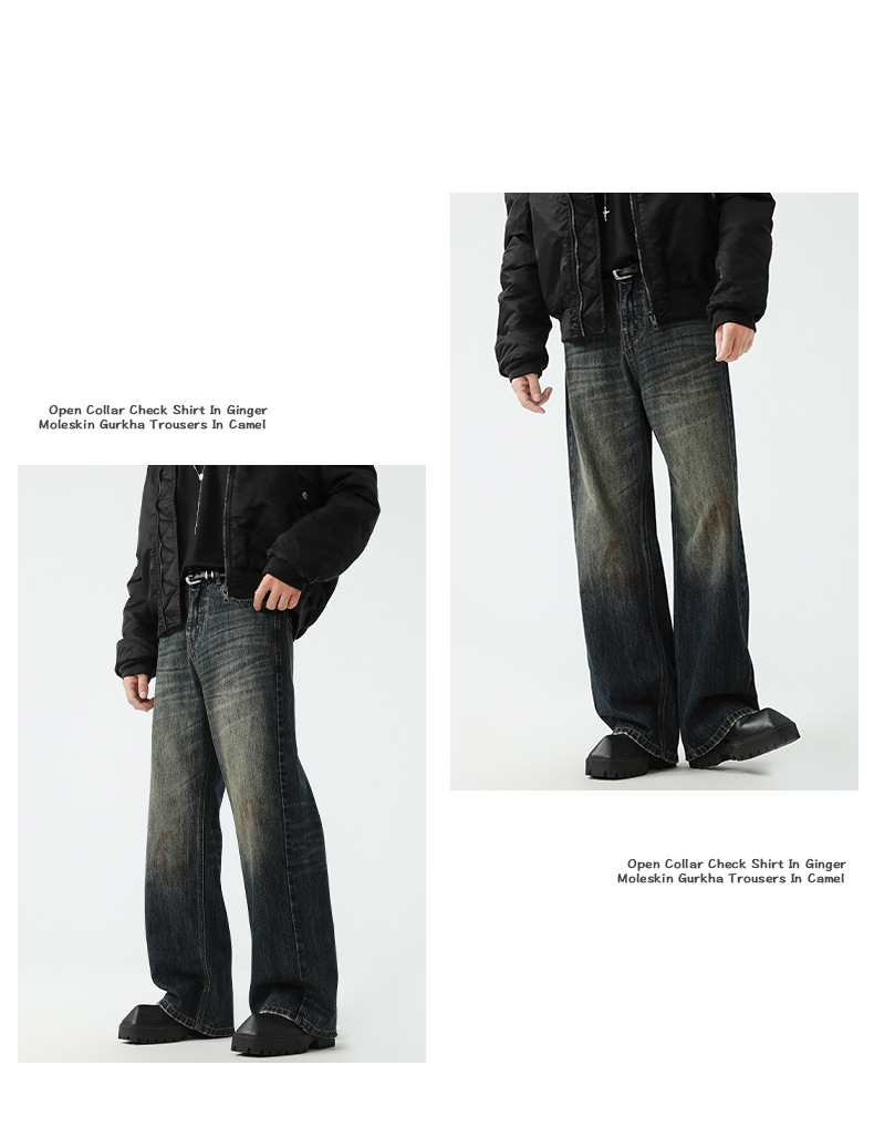 American retro spring distressed embroidered loose wide-leg jeans for both men and women, cleanfit drape long pants pic 6