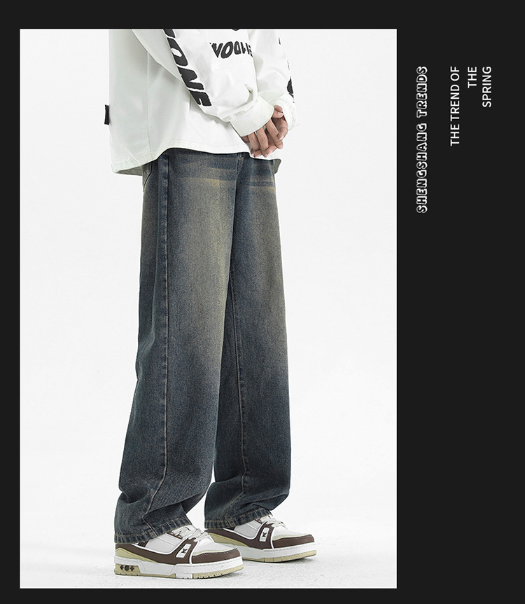 美式复古蓝牛仔裤男春秋季2025新款宽松阔腿直筒裤水洗做旧长裤子详情9