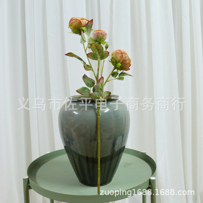 3头烤边玫瑰仿真花家居客厅装饰绢花玫瑰花拍摄道具花橱窗花批发详情1