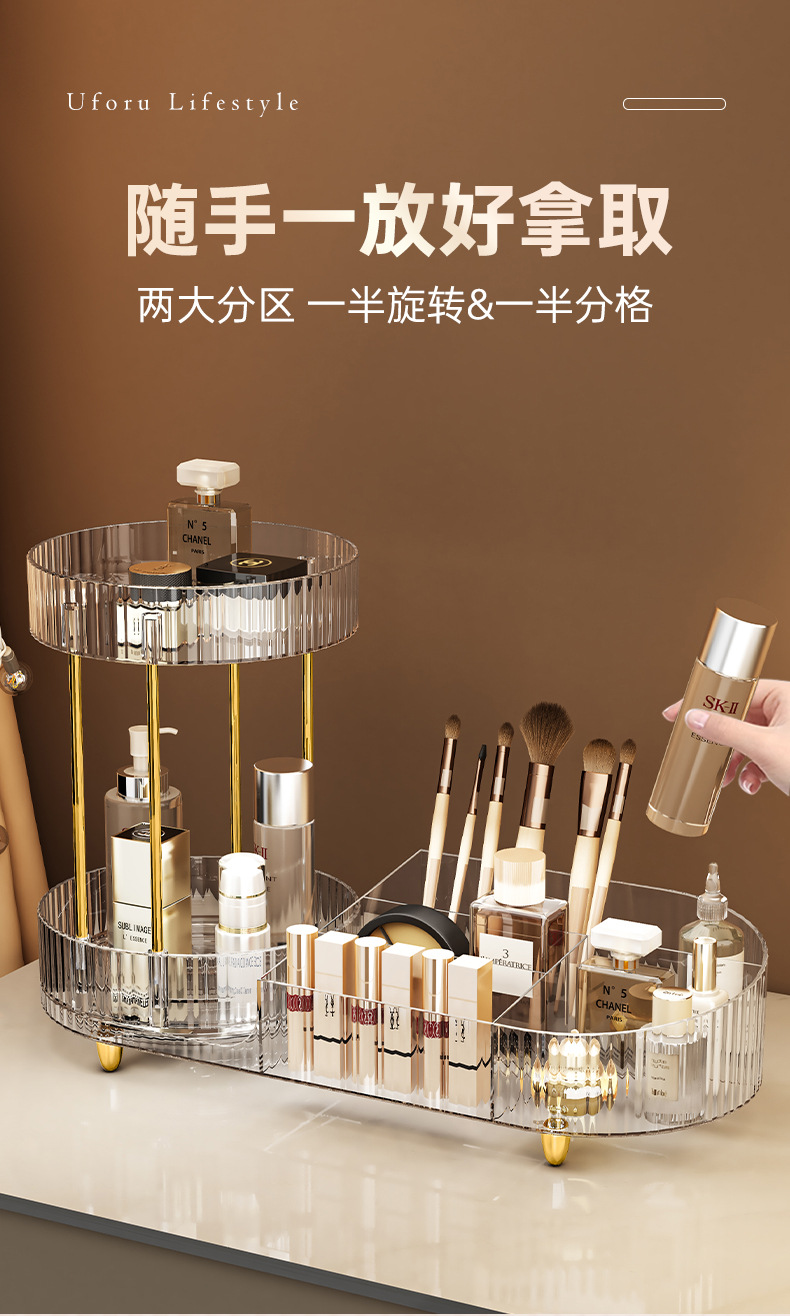 亚马逊爆品360旋转二合一化妆品收纳盒多功能桌面香水托盘置物架收纳用品桌面收纳盒详情5