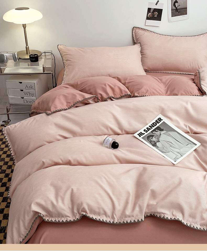Ins-style double-striped washed cotton bed four-piece set, solid color brushed bed sheet, quilt cover, bed hat, student three-piece 4-piece set pic 3