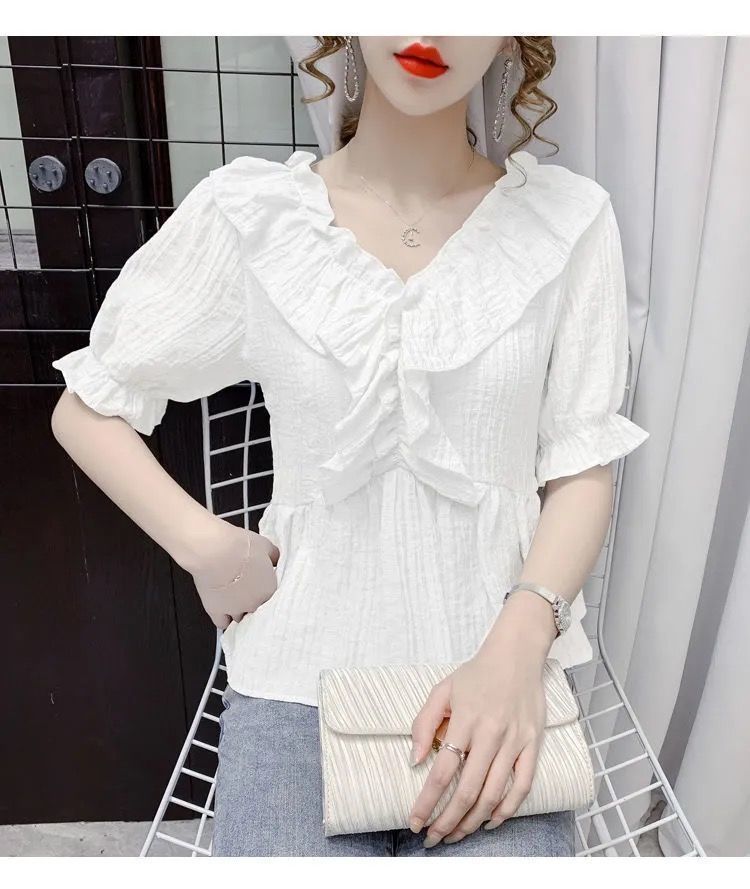 Summer new French V-neck bubble short-sleeved shirt for women, slimming, fashionable and elegant casual top for women chiffon pic 7