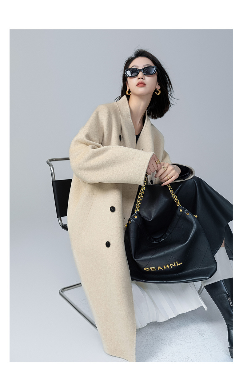 The new stand-up collar double-sided cashmere coat for women in the spring and autumn of 2025 is a long cocoon-shaped alpaca wool woolen coat. It is a popular woolen coat pic 5