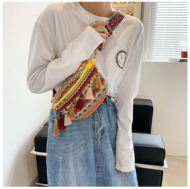 国潮民族风撞色流苏包包女新款编织个性复古彩带腰包斜挎详情25