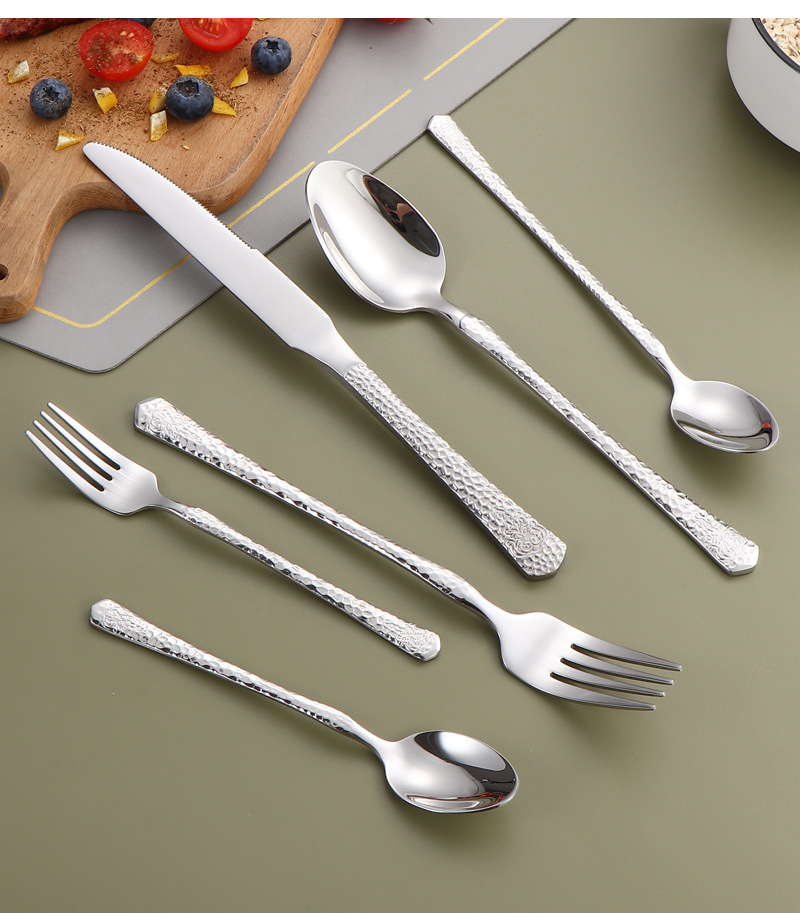 Cross-border hammer-patterned stainless steel knives, forks and spoons, high-end and light luxury dining spoons and forks, gold-plated steak knives, elegant Western dining gift tableware pic 19