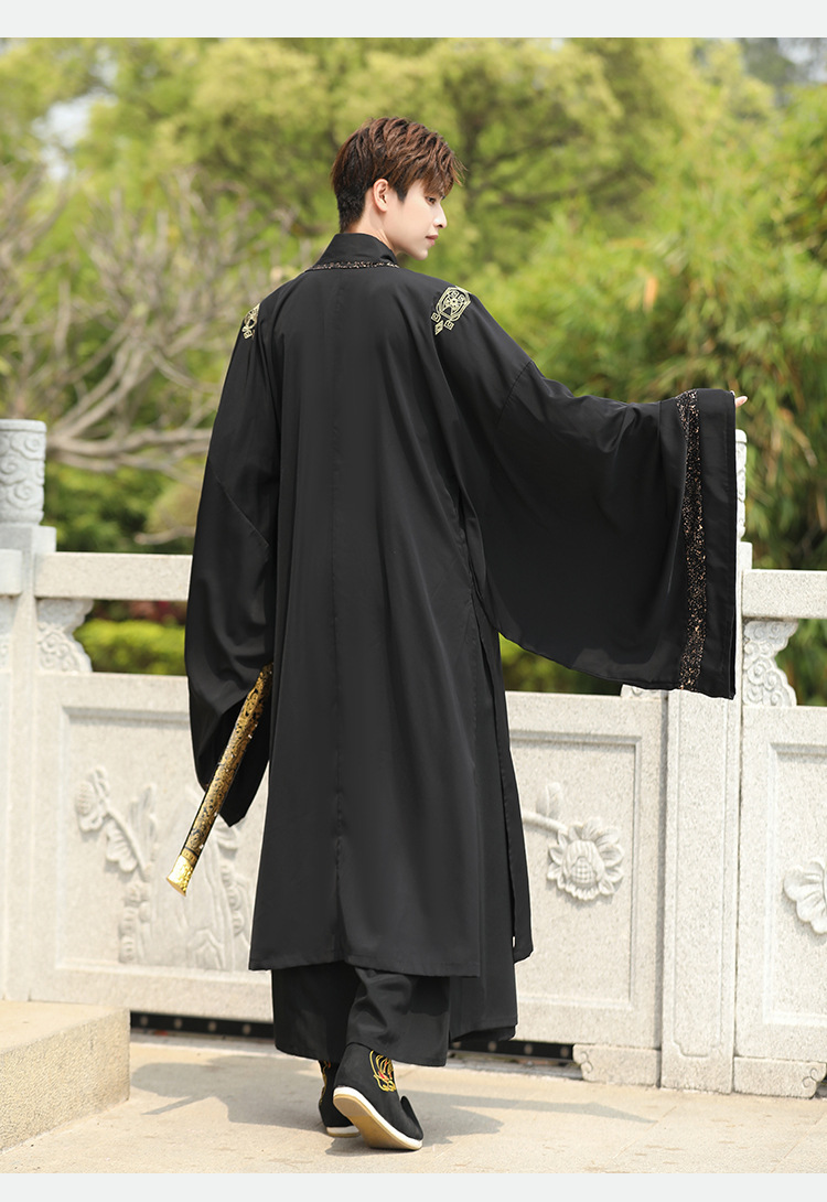 国潮中国风大码男装汉制黑色交领齐腰襦裙传统大袖长袍儒雅霸气三件套详情16