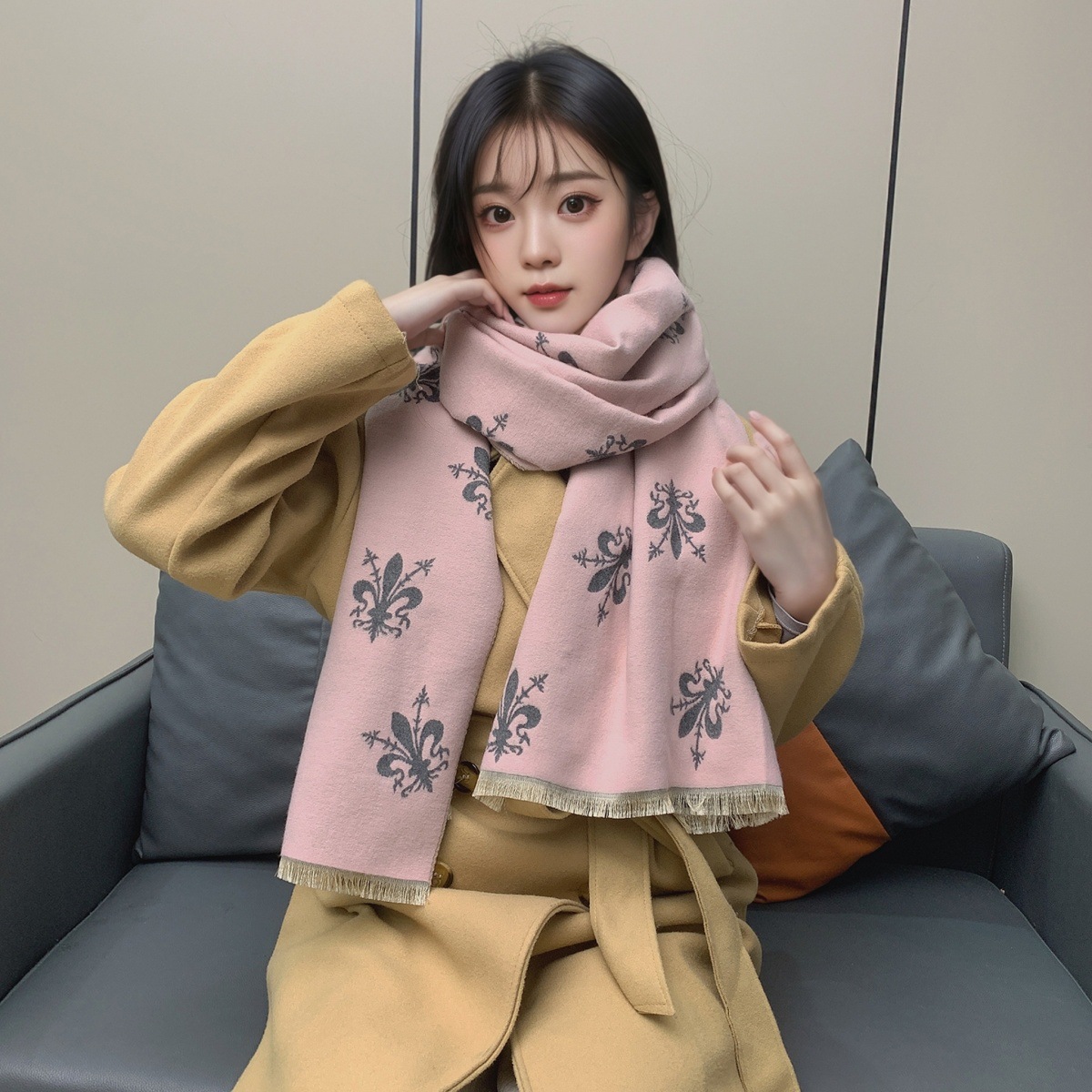 围巾女冬季欧美风格佛罗伦萨鸢尾花披肩加厚百搭双面保暖围脖保暖详情20