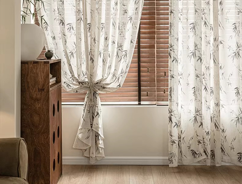 新中式国风印花麻纱水墨竹子高级感法风中古风透光不透人纱帘批发详情7