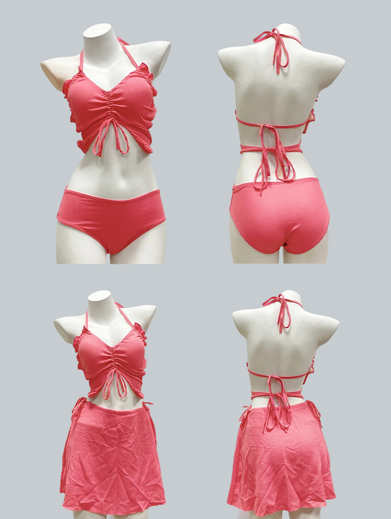 纯欲风分体裙式泳衣女绑带吊带小胸聚拢纯色度假泳池比基尼套装-107041 pic 3