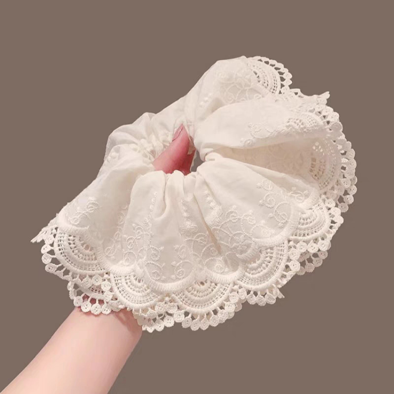 Korean-style large intestine hair band with a high-end feel, a large beige double-layer lace large intestine hair band at the back of the head, a ponytail hair band pic 2