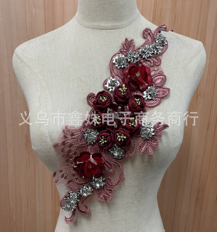 Wholesale handmade DIY water diamond pearl 40cm*10cm floral decals for clothing design pic 4
