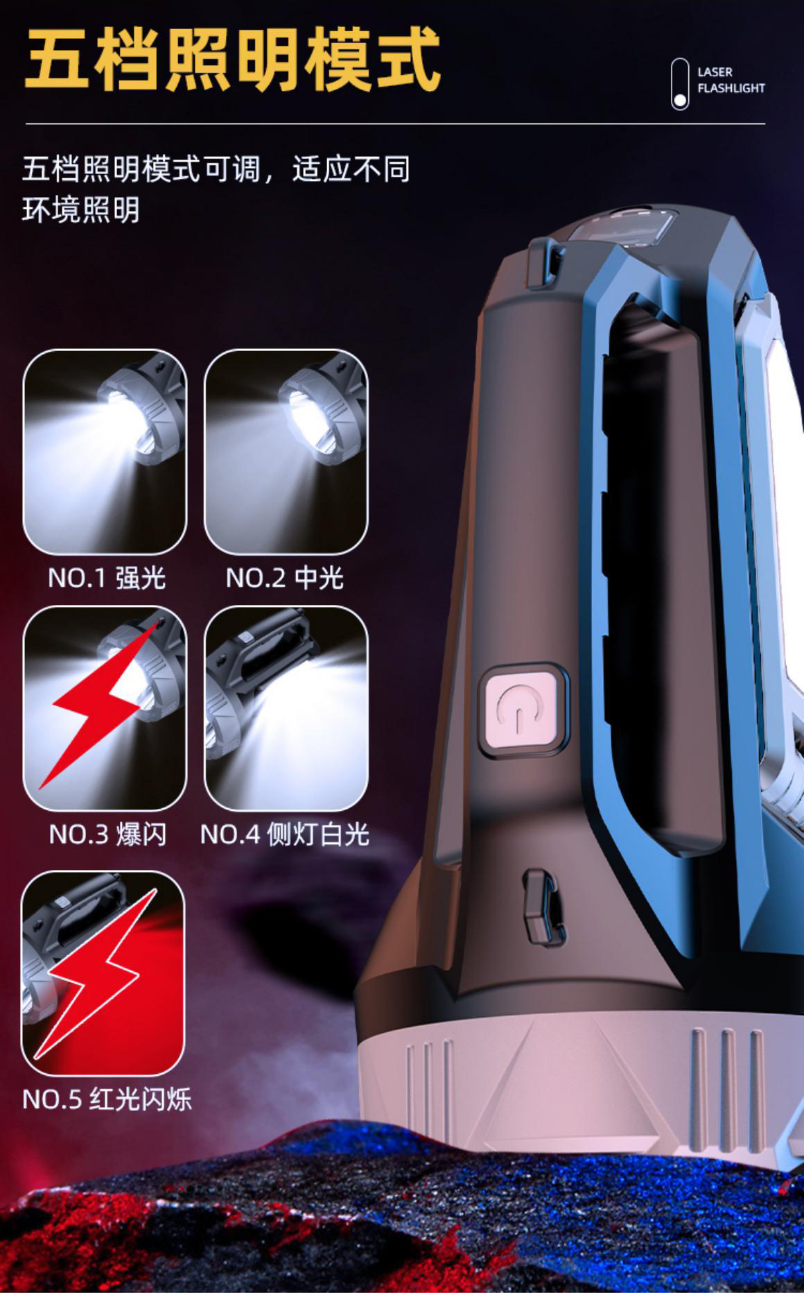 Cross-border multi-functional solar-powered charging high-intensity portable lamp, household outdoor camping red light warning emergency searchlight pic 7