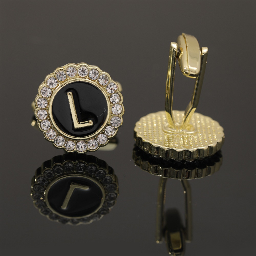 大写字母袖扣圆形镶钻袖钉合金滴油男士衬衫扣26英文字母A-Z配饰详情24