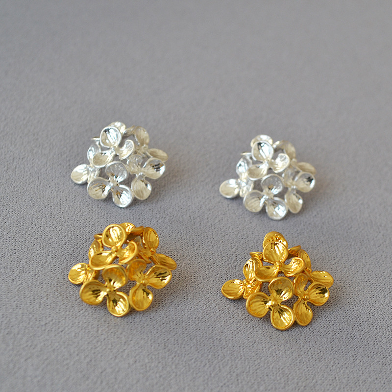 日系小众设计复古文艺立体层叠花朵黄铜镀金925银耳针耳钉耳饰女详情2