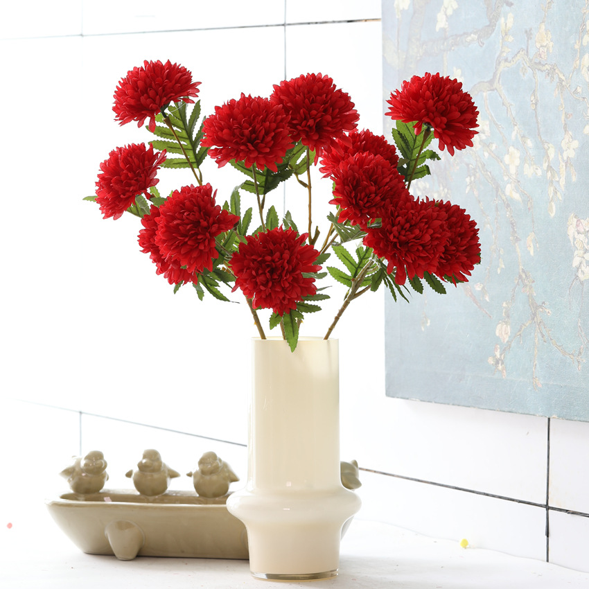 Factory direct sales of 3 round chrysanthemum artificial flowers, silk flowers, chrysanthemum home decoration scene arrangement, ball chrysanthemum artificial flower gift box, bright and realistic, with outstanding temperament pic 6