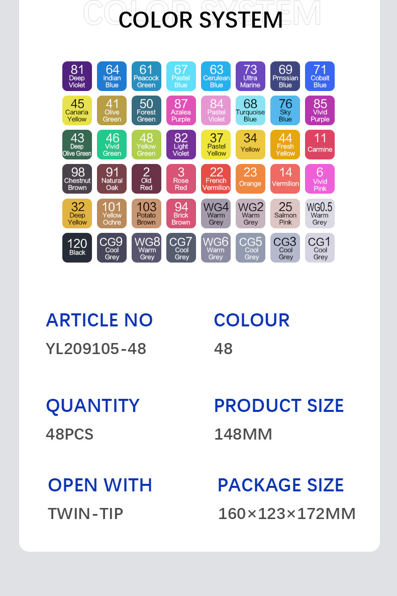 Yalong Cross-border 2023 New Student Art Supplies 48 Color Art Marks, Color double-pointed marks for children pic 9