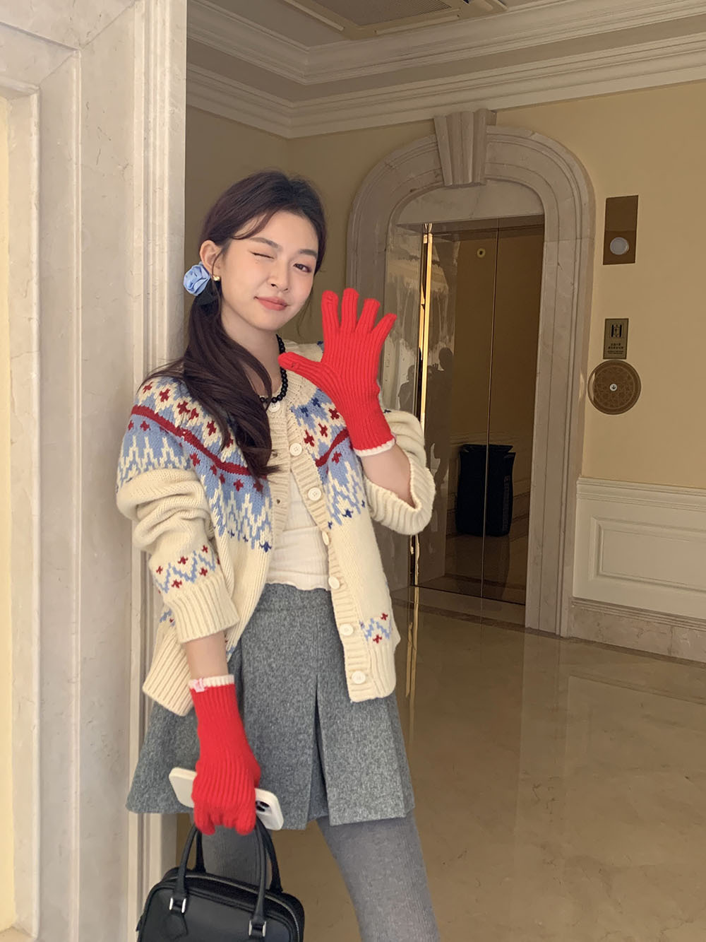 费尔岛复古美式少女撞色波普提花单排扣针织开衫厚实保暖毛衣外套详情74