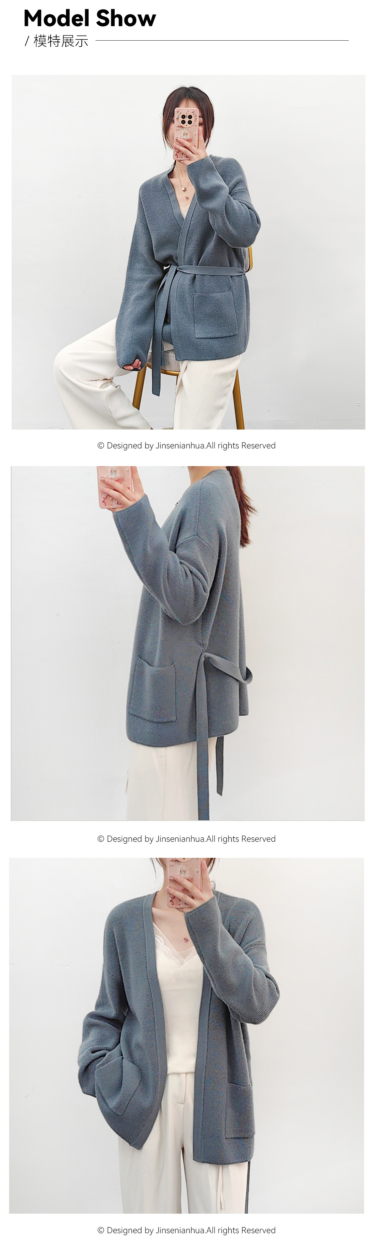 New autumn and winter style belt-knitted, stylish and slimming wool sweater coat for women, Korean loose mid-length V-neck cardigan pic 6