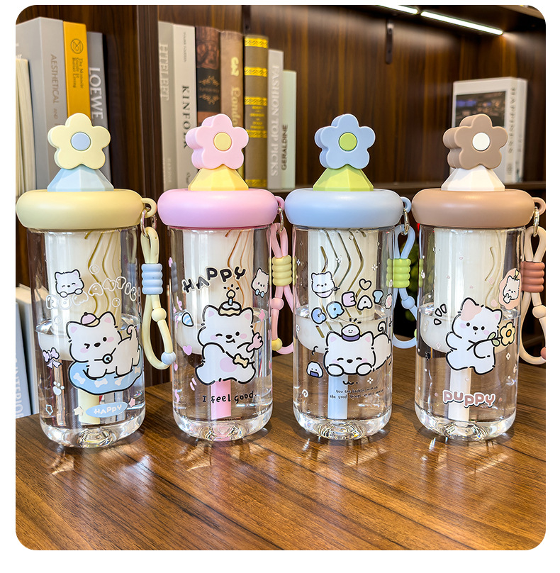 Cute cat-patterned transparent water cup with handle, glass cup with sun relief, glass thermos pic 15