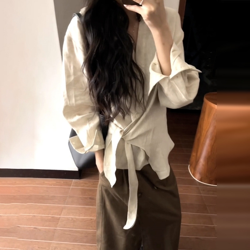 2025超火不规则极简亚麻长袖衬衫衬衣女设计感独特漂亮掐腰上