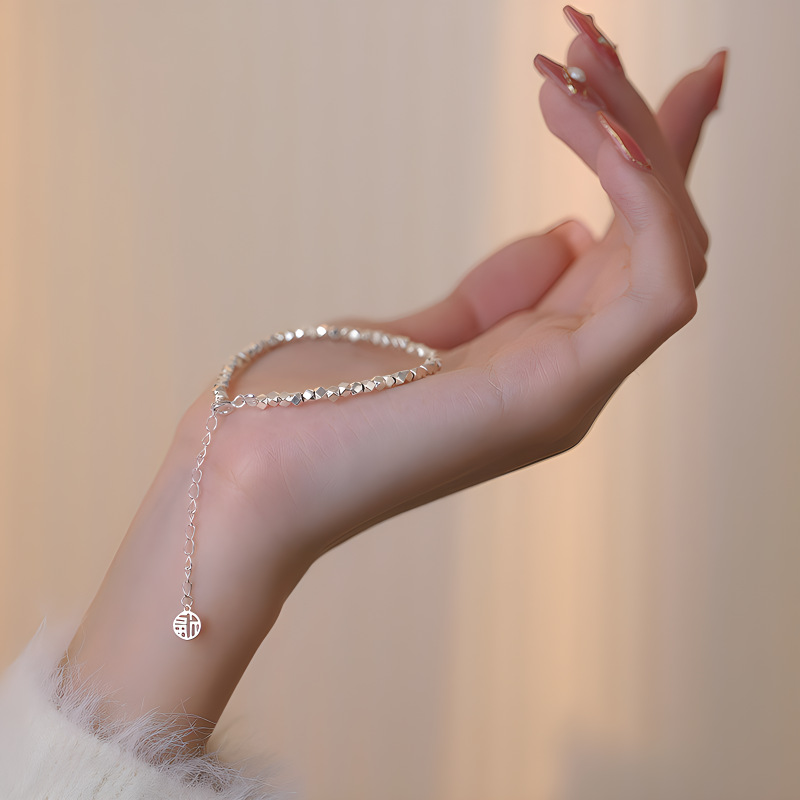 银贝S925纯银碎银子手链女不规则银菱形多面串珠福尾牌饰品批发详情3