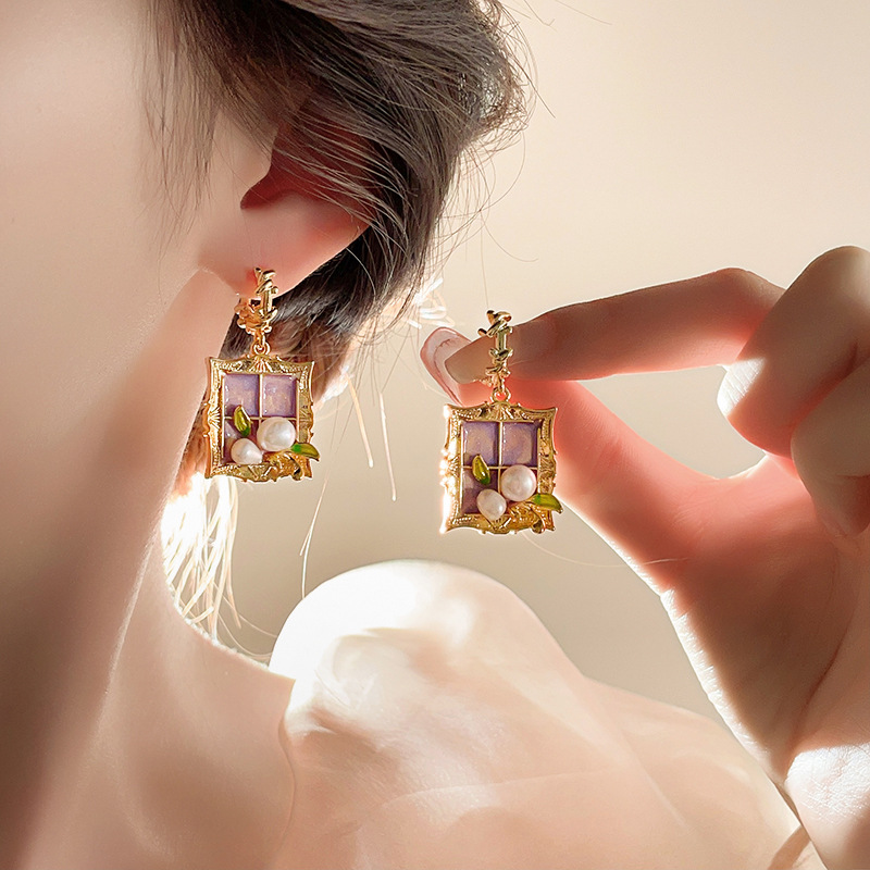 莫奈花园紫色油画风巴洛克珍珠耳环复古耳钉女轻奢高级感独特耳饰详情2