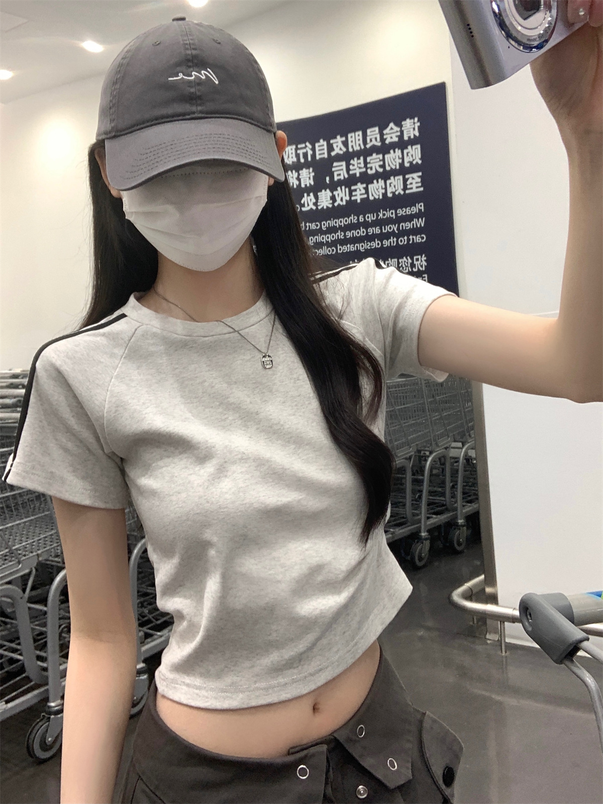 美式2024夏季新款韩版圆领修身插肩杠条显瘦百搭短袖T恤女装上衣详情28