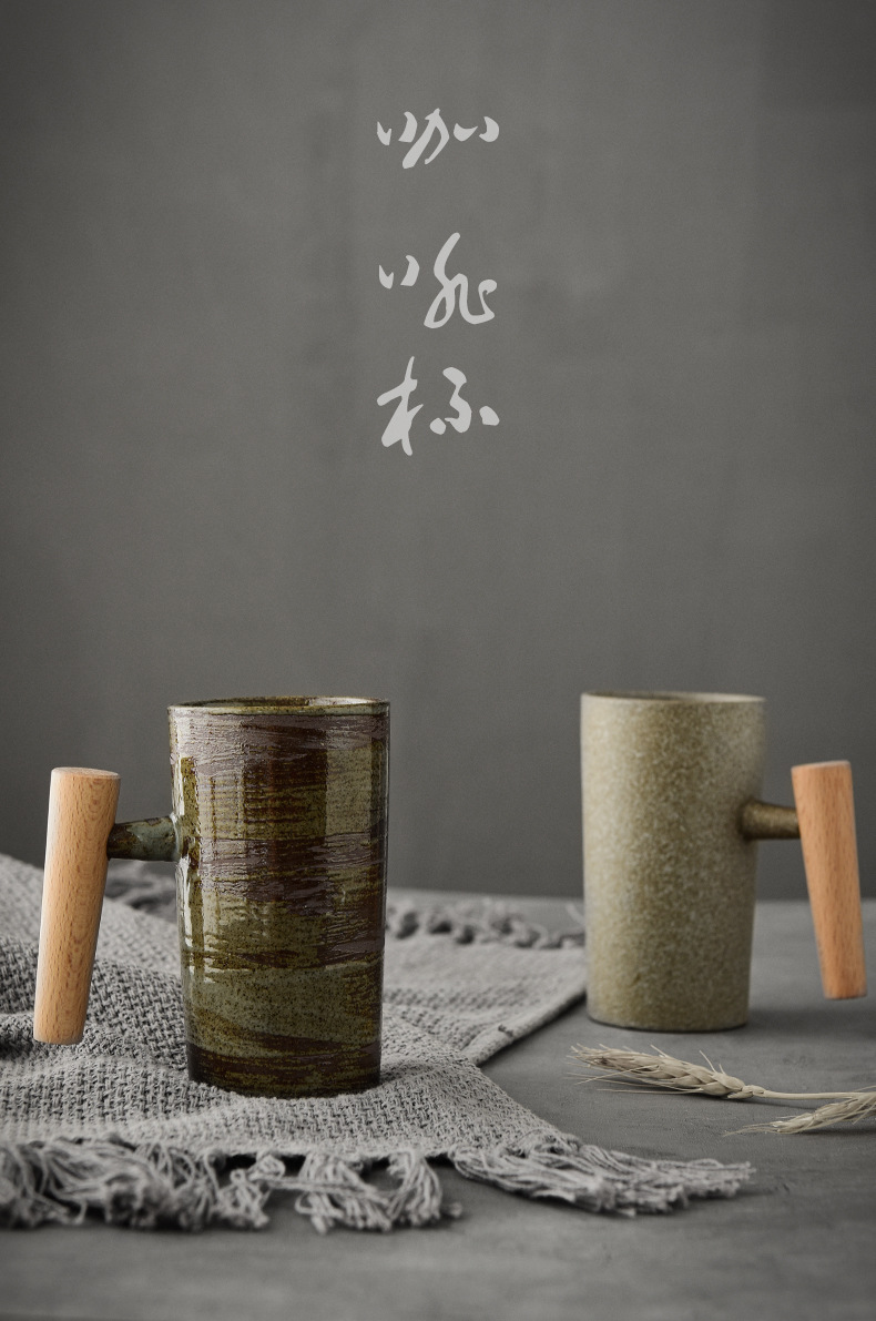 Retro ceramic mugs, simple and creative wooden handles, Japanese rough earthenware couple coffee cups, tea cups, drinking cups pic 3