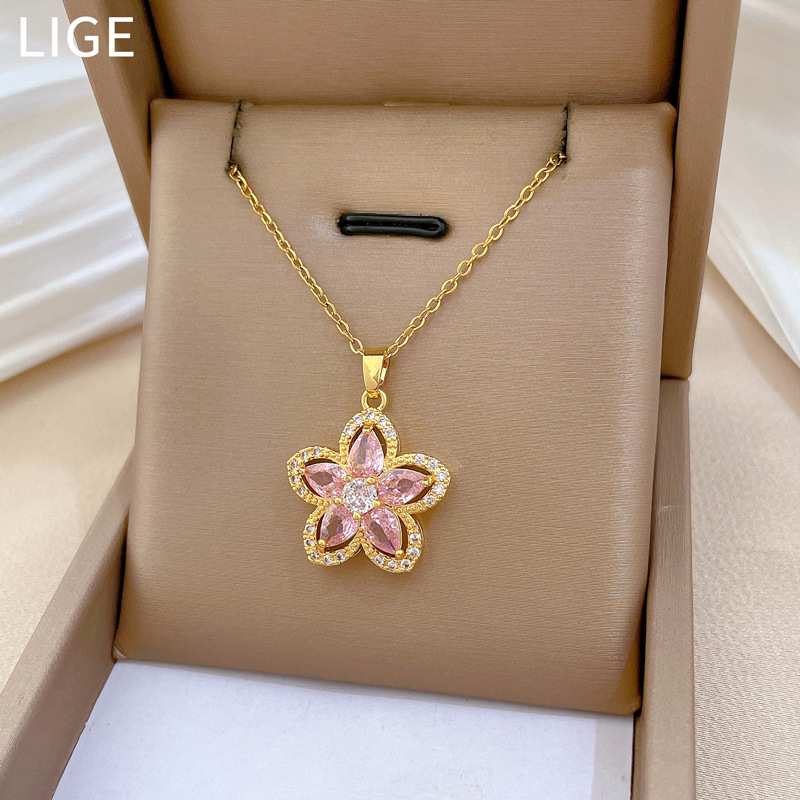 【钛钢】粉色五瓣花满钻轻奢气质华丽满钻项链女百搭锁骨链钛钢详情10