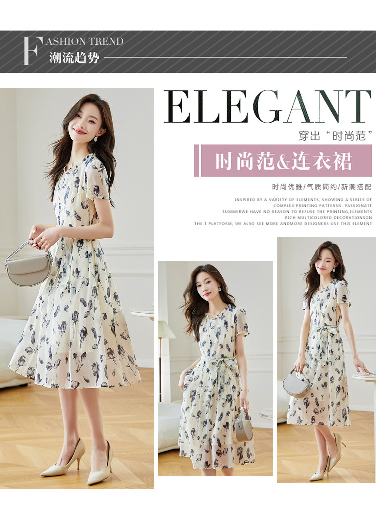 夏季短袖连衣裙女2025新款夏季爆款女装气质碎花裙雪纺中长款裙子详情5