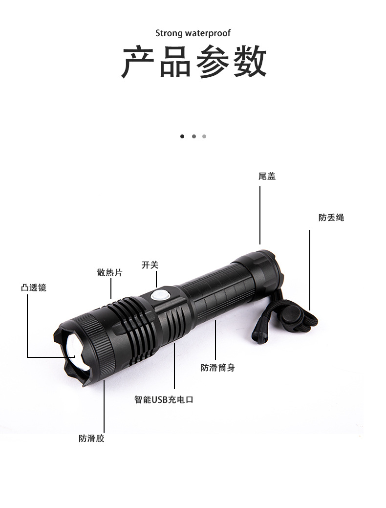 跨境新款XHP50强光手电户外防身铝合金大功率USB充电强光电筒P70详情1
