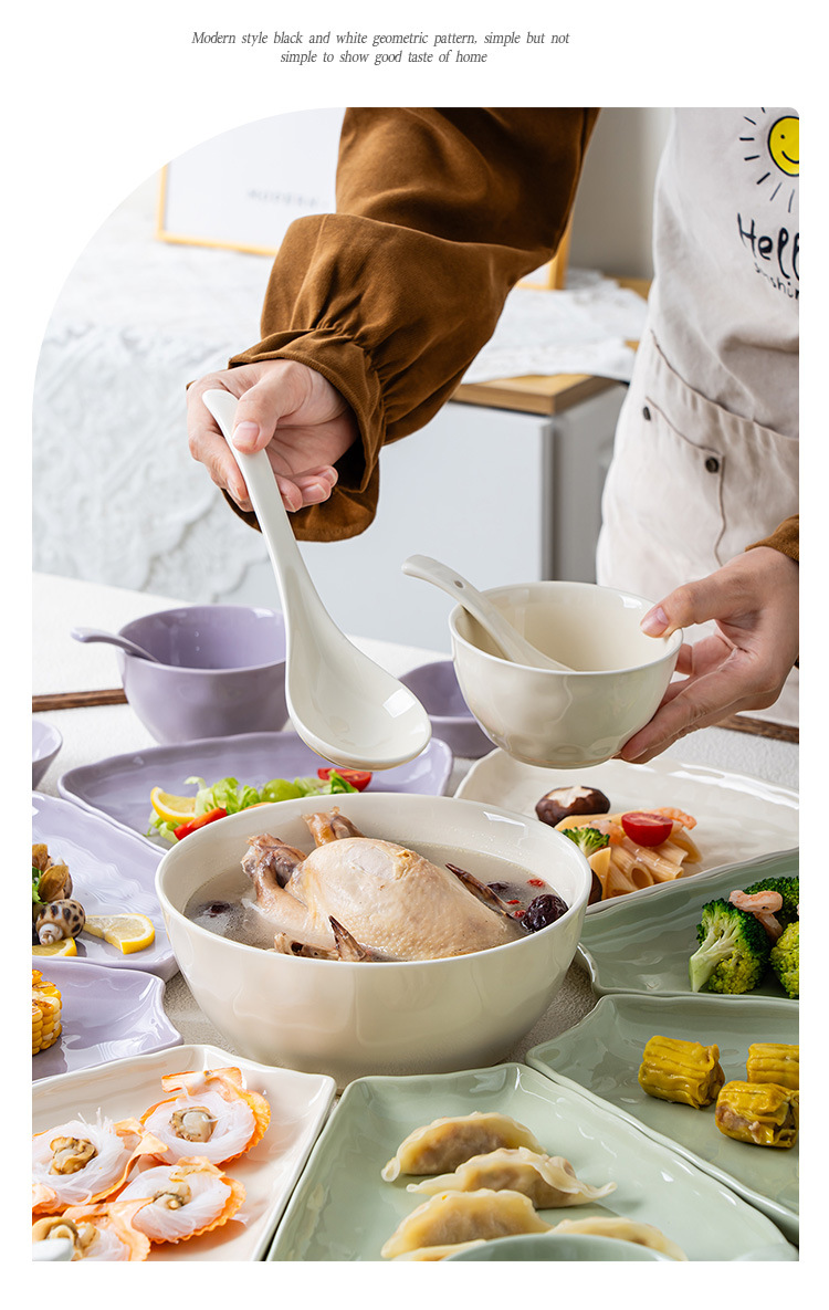 Light luxury ins cream-style solid-color ceramic household housewarming reunion dinner bowls, plates and dishes with high appearance level, soup bowls and tableware pic 20