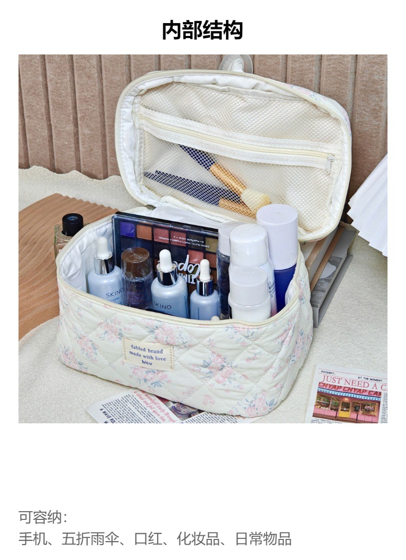 跨境热销大容量绗缝碎花化妆包女手提洗漱包护肤品棉布包收纳包详情11