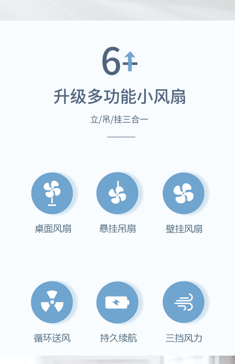 跨境360度旋转便携式静音桌面风扇 USB充电壁挂迷你办公家用风扇详情3