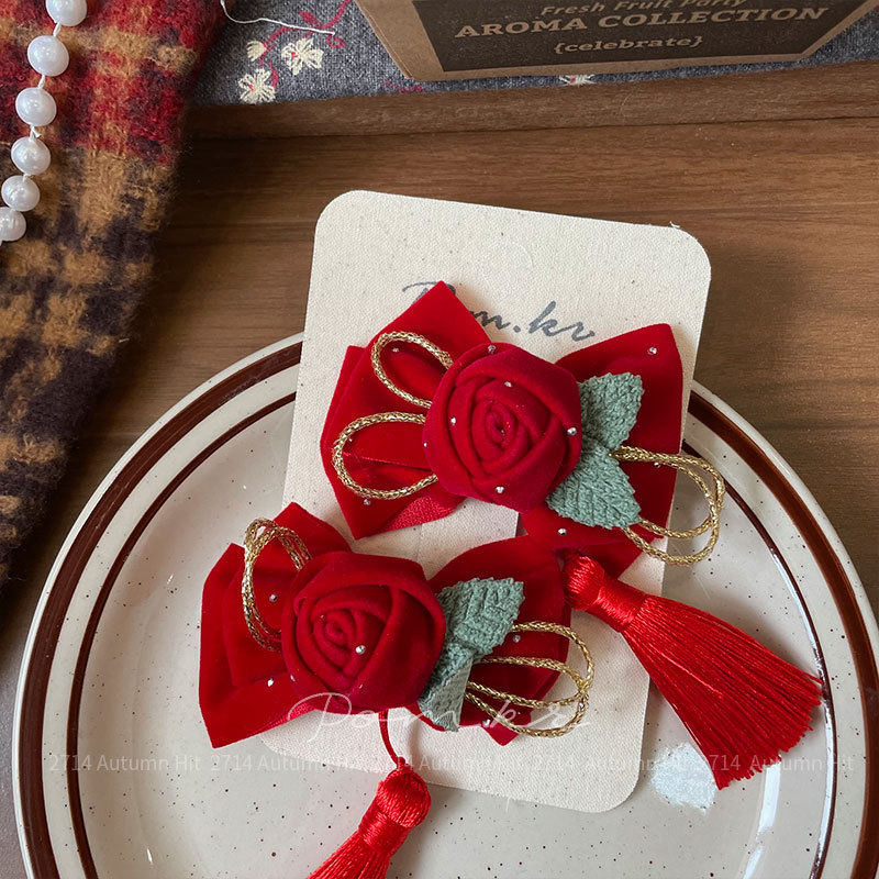 新款韩版红色系甜美蝴蝶结新年款发夹儿童布艺手工侧边碎发刘海夹pom.kr国潮醒狮龙纹红金发夹流苏珍珠装饰喜庆中式少女发饰详情5